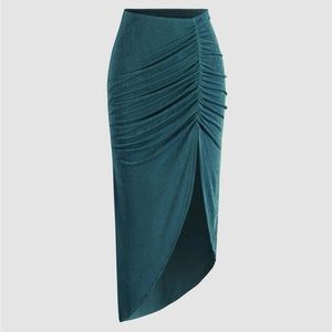 Teal Ruched Slit Midi Skirt